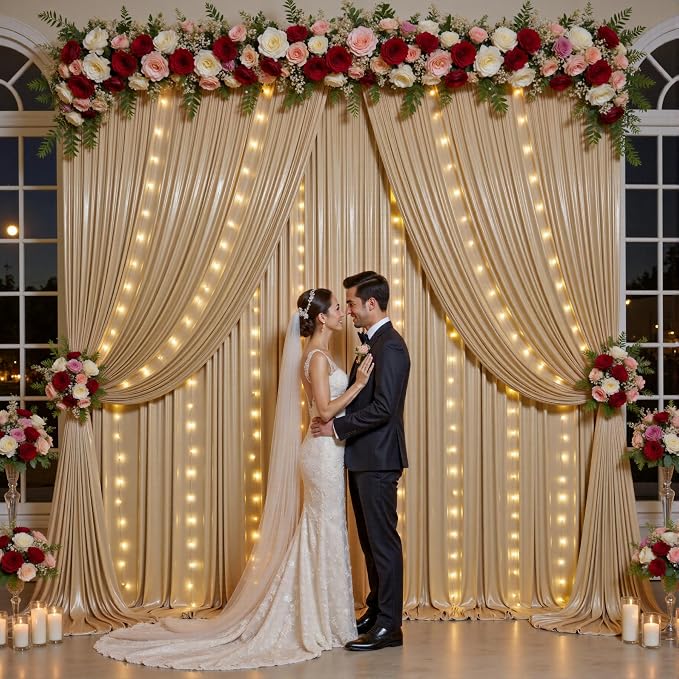Outpain 10x10ft Champagne Sequin Backdrop Curtains with Light -Lighted Up Champagne Photo Backdrops with Non-Shedding Glitter, Wrinkle-Free Drapes for Wedding/Christmas/Studio(5x10ft 2 Panels)