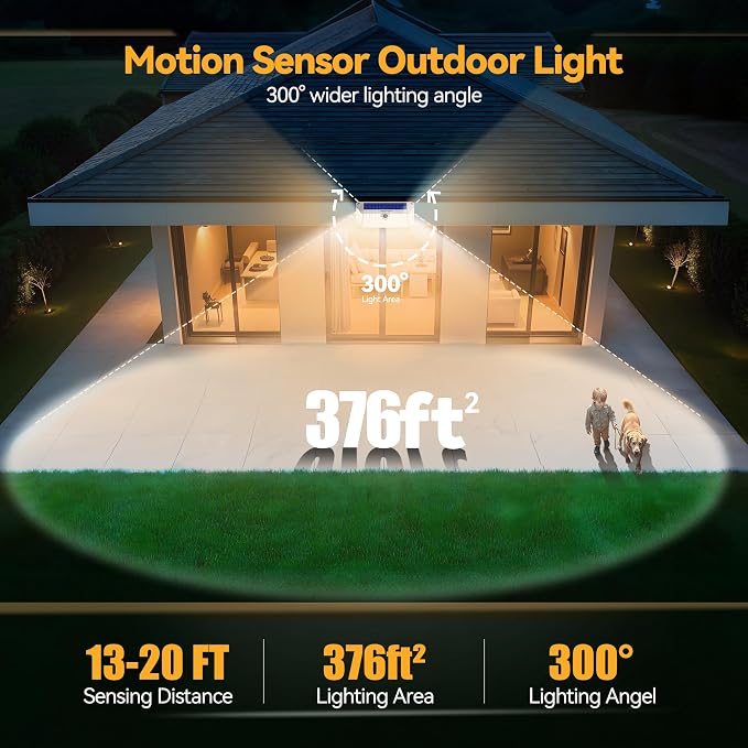 TECKNET 416 LED Solar Powered Outdoor Lights, 300° Angle & 3 Lighting Modes Motion Sensor Light Outdoor, Security Solar Lights Waterproof - 2 Pack, White Color & Warm Light