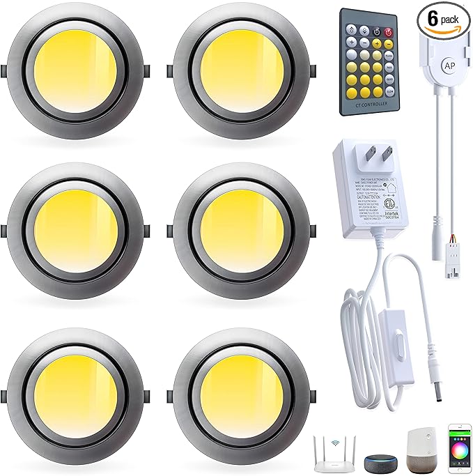 Smart Puck Lights LED Under Cabinet Lighting 2700k-6500k Dimmable Works with Alexa,Google Home,APP & Remote,12V,2W/pc,Recessed Kitchen Lamp Plug In for Counter,Display Shelf,2.5Inch Cutout,6pcs,Sliver