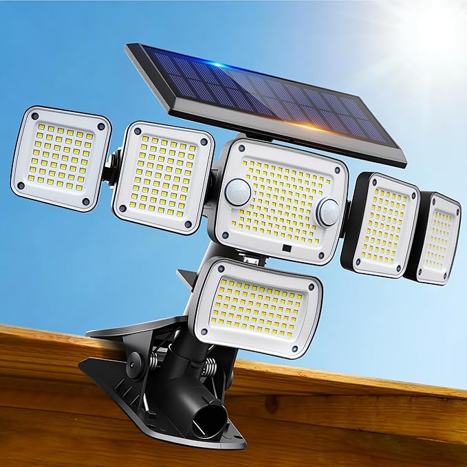 Solar Flood Lights Outdoor,5000LM 336 LEDs Dual Clip on Motion Sensor Lights with 360° Wide Angle &3 Modes, IP65 Waterproof Security Lights for Yard Patio Garage Garden,1Pack