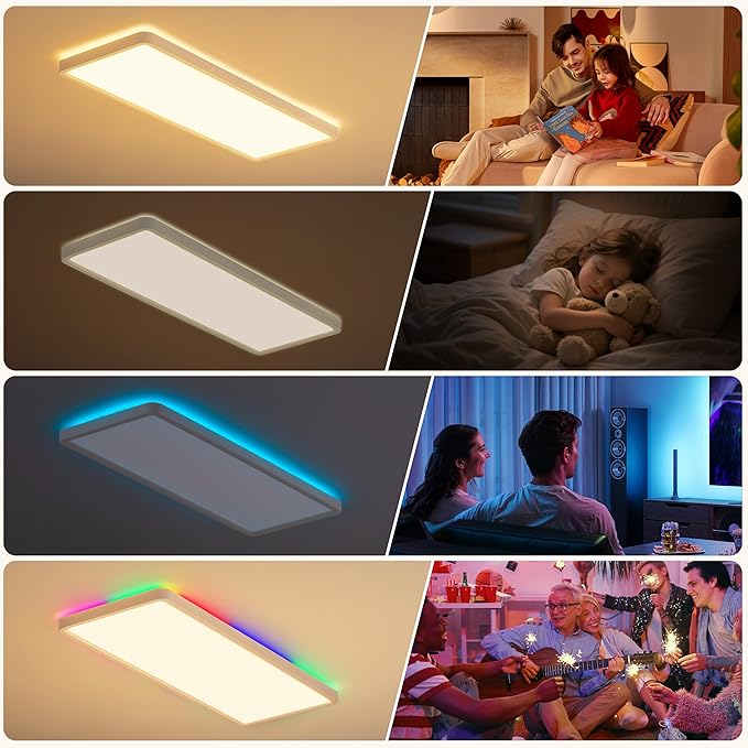 23 Inch RGB LED Flush Mount Ceiling Light with Remote, Close to Ceiling Light Fixture, 32W+7W Backlight, 3200LM Dimmable Color Changing Low Profile Rectangle, White, for Bedroom Kids Room Party