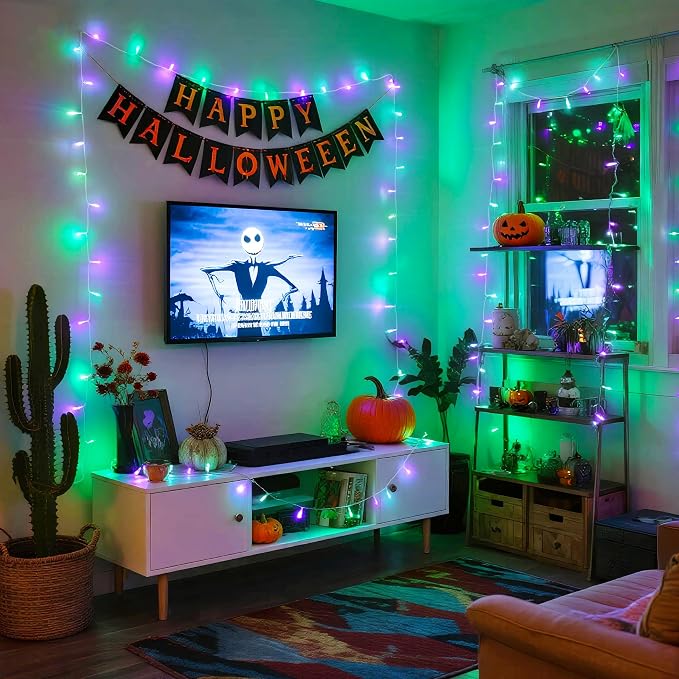 JMEXSUSS 2 Pack Purple and Green Halloween Lights, Total 200 LED 8 Modes Halloween String Lights Plug in, Each 33ft Connectable Christmas Lights Indoor Outdoor for Tree Porch Fireplace Decor