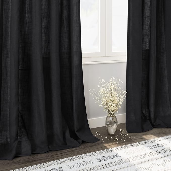 Nanspring Black Sheer Linen Curtains for Bedroom 64 Inches Long 2 Panel Sets See Through Light Filtering Back Tab Rod Pocket Short Linen Drapes for Living Room Kitchen Simple Modern Decor W52xL64