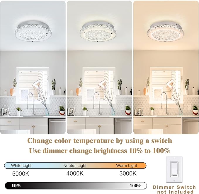 Crystal Ceiling Light 3000/4000/5000K Crystal Ceiling Mounted Light Dimmble LED Chandelier for Hallway Dinning Room Bathroom Bedroom Hallway Entrance 14''