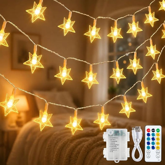 Star String Lights Battery&USB Powered,19FT 50LED Star Fairy Lights with Remote, Hanging Star Lights for Home, Kids Tent, Bedroom,Porch, Classroom, Christmas,Party,Room Decor,Warm White