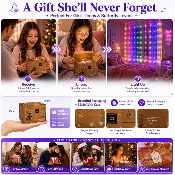Butterfly Curtain Fairy Lights USB Plug in,8 Modes 120 LED 20FT Firefly Twinkle Timer String Lights with Remote for Bedroom Patio Christmas Wedding Party (Multi-Colored(Pink))