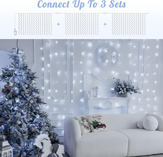 HEYFUNi 304 LED Curtain Lights Outdoor, 9.8Ft*9.8Ft Hanging String Lights Plug in with 8 Modes, Connectable Curtain Fairy Lights for Bedroom, Dorm, Christmas, Wall, Backdrop, Wedding Decor, White