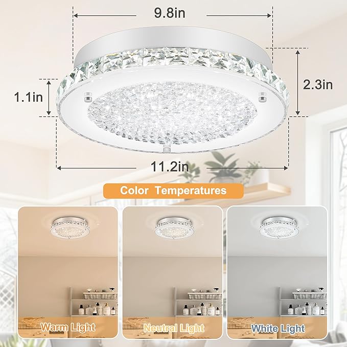 Crystal Flush Mount Ceiling Light 3000/4000/5000K Modern Crystal Light Fixtures Ceiling Mount for Bathroom Hallway Porch Laundry Room Cloakroom 11", LED, Dimmable