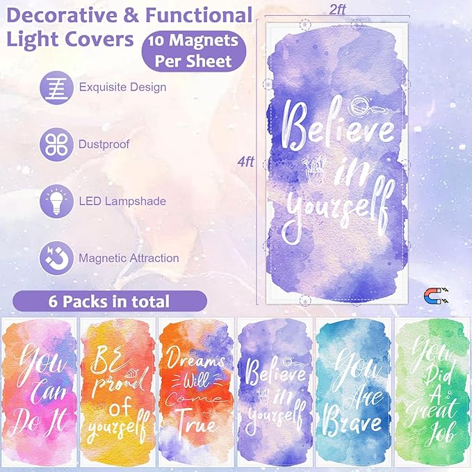 QOUBAI 6PCS Fluorescent Light Covers, 4x2 Feet Magnetic Light Cover Fluorescent Lights Shade Panel Positive Inspirational Ceiling Lights Filters for Office Classroom Home Drop Ceiling Watercolor
