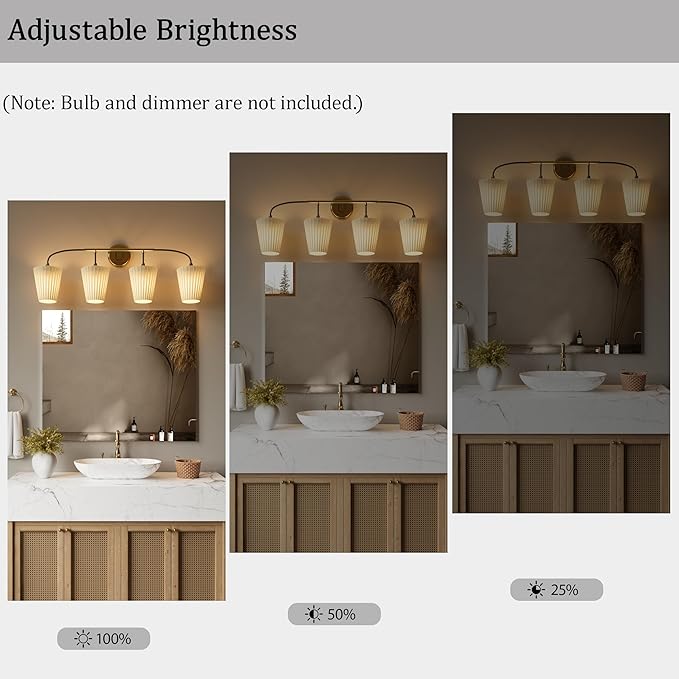 4-Light Bathroom Light Fixtures, Black Gold Bathroom Vanity Light Over Mirror, Modern Light Fixture with Flared Fabric Shade for E26 Bulb, Wall Sconce Light for Bedroom, Hallway with ETL