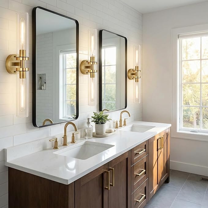 Wall Sconces 2-Pack, Hardwired Bathroom Light Fixtures, Modern Farmhouse Vanity Wall Lighting with Clear Glass Shades, E26 Base Wall Sconce Wall Lights for Bathroom Wall Decor, Gold