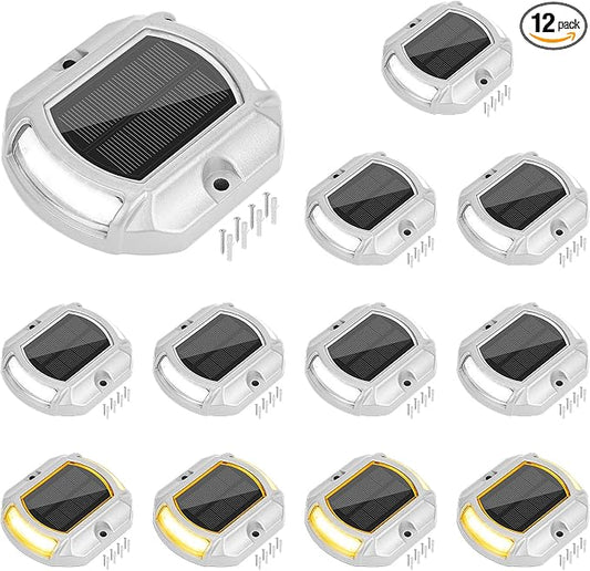VOLISUN Solar Driveway Lights Dock Deck Lights 12 Pack,2 Colors in 1,Solar Powered Waterproof Outdoor Warning Step Light for Driveway Sidewalk Pathway (White/Warm White),Auto On/Off
