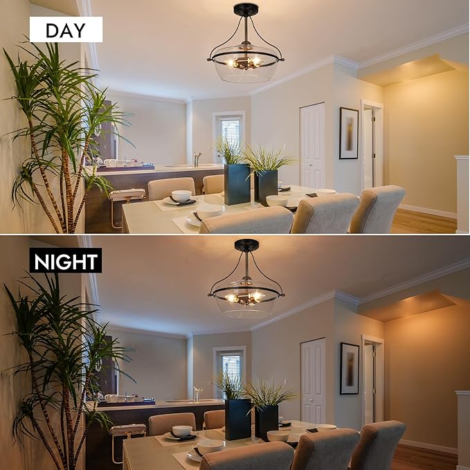KSANA Modern Semi Flush Mount Ceiling Light, 3-Light Black and Gold Close to Ceiling Fixture with Clear Glass and Electroplated Brass Accents for Hallway, Bedroom, Kitchen, or Entryway