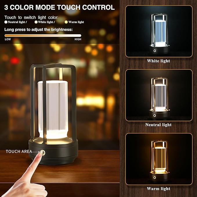 Anxingtools Portable Metal Table Lamp, Cordless Table Lamp, Rechargeable Battery Powered Portable LED Desk Lamp, 3 Color Stepless Dimming Touch, for Bedroom Restaurant Home Outdoor (2 Set of Black)