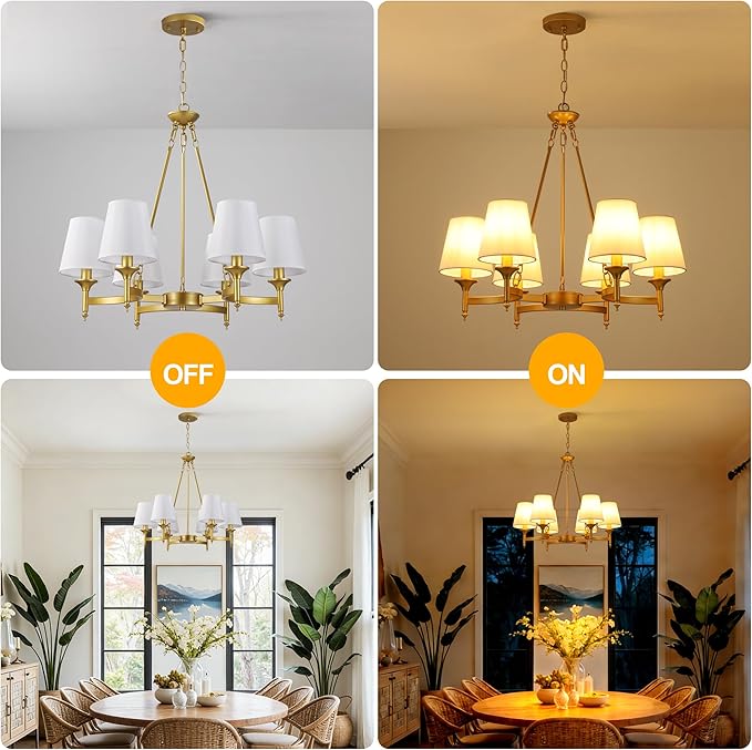 Gold Modern Farmhouse Chandelier, 27.2" 6-Light Round Pendant Light with White Fabric Shades, Adjustable Hanging Fixture for Dining Room Over Table Kitchen Island Living Room
