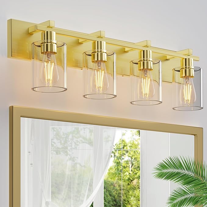 Espird Bathroom Vanity Light, 4 Light Gold Light Fixture with Thickened Clear Glass Shade, 24 inch Modern Wall Sconce,Vanity Light Over Mirror for