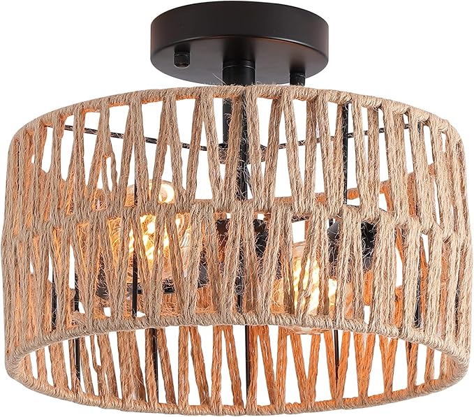 2-Light Coastal Woven Flush Mount Light Fixture Rustic Industrial Hemp Rope Semi Flush Mount Ceiling Light for Hallway Bedroom Kitchen Entryway Farmhouse, Black