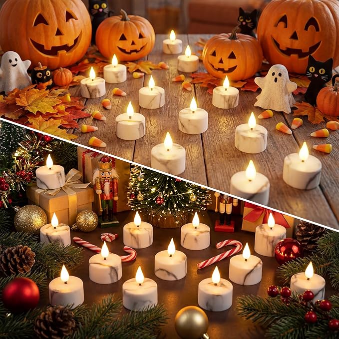 Flameless Tea Lights Candles with Charging Station,White Marble Pattern,LED Tea Lights Candles with Remote Control Timer for Valentine's Day,Centerpiece Table Decorations,Anniversary,Home Decor,12Pack
