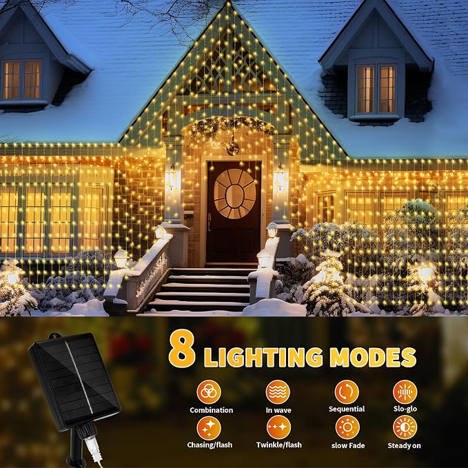 32.8 * 6.56FT Large Size Solar Curtain Lights Outdoor, 8 Modes Outdoor Curtain String Light, Solar Garden Christmas Lights Decortions for Patio, Gazebo, Eaves, Fence, Tree, Porch (Warm White)