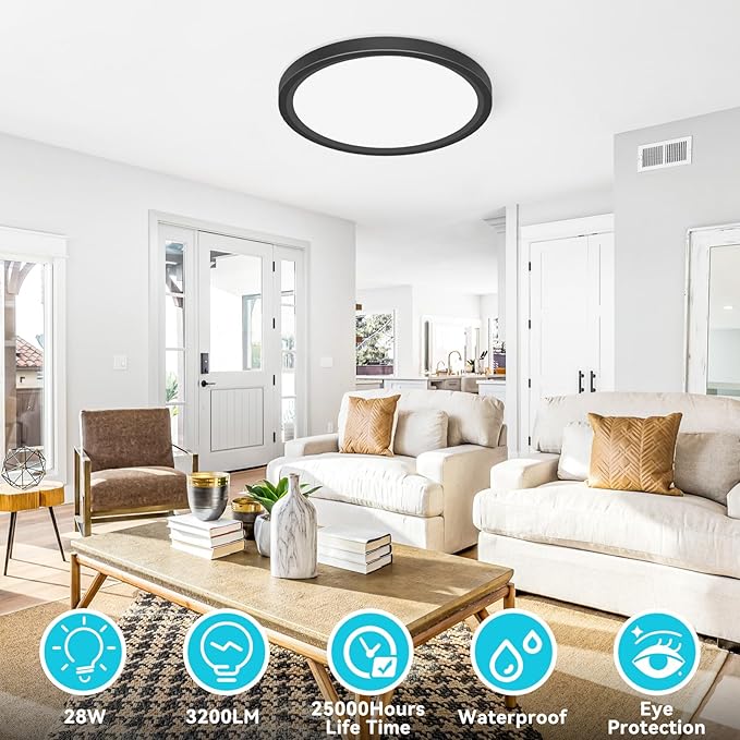 libtit 12 inch Flush Mount LED Ceiling Light Fixture, 3000K 4000K 6500K Adjustable, 28W 3200lm Black Round Lighting Fixtures for Bathroom Shower Hallway Kitchen, 2 Pack