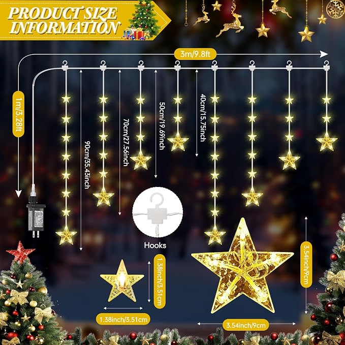 Aurelema 63 Stars Curtain Lights Plug in 9.8 ft 111 LED Christmas Hanging String Light with Remote, 8 Modes Curtain Window Lights for Xmas Home Indoor Outdoor Party Decor(Warm White)