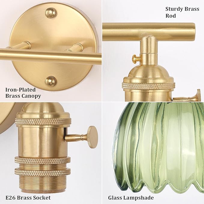 Shenmoyl Battery Operated Bathroom Light Fixtures, 2-Light Brass Vanity wall Light with 5000mAh Rechargeable Bulb Over Mirror with Green Tulip Glass Shade for Bedroom Living Room