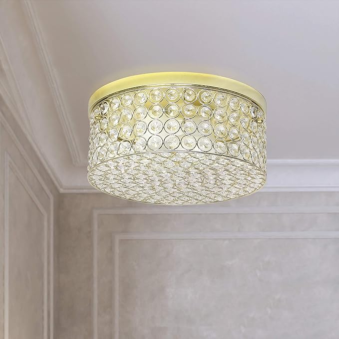 Elegant Designs FM1003-GLD Elipse Crystal 12 Inch Modern Metal 2 Light Round Ceiling Flush Mount Fixture, Gold