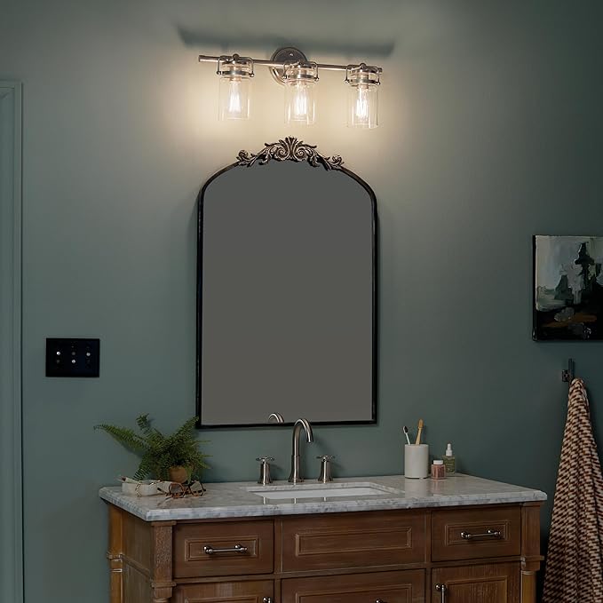 Kichler Brinley 24" Vanity Light in Brushed Nickel, 3-Light Farmhouse Bathroom Vanity Light with Clear Glass, (24" W x 10" H), 45689NI