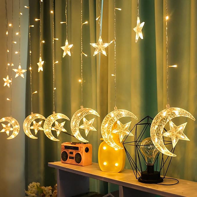 WATERGLIDE 138 LED Star Moon Curtain Decorative Lights, Window Curtain Fairy String Lights, Remote Control & USB Plug, 8 Lighting Modes for Home Holiday Ramadan Christmas Wedding Party, Warm White