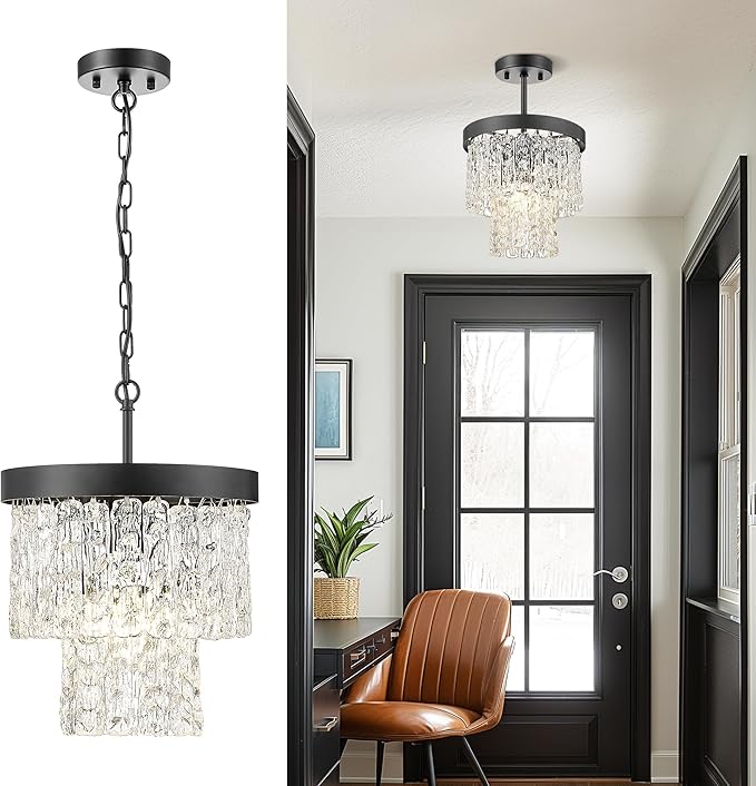10" Water Ripple Pendant Lights, 2-Tier Modern Pendant Lights Kitchen Island, Black Hanging lamp, Chandeliers for Dining Room Kitchen Island Bedroom Entryway, CC4848-1P-BK