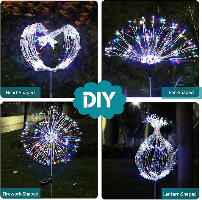 JJGoo Solar Firework Lights, 2 Pack 150 LEDs 2 Lighting Modes Solar Lights Outdoor Waterproof for Garden Patio Walkway Pathway Party Wedding Christmas Decorative - Mixed Color