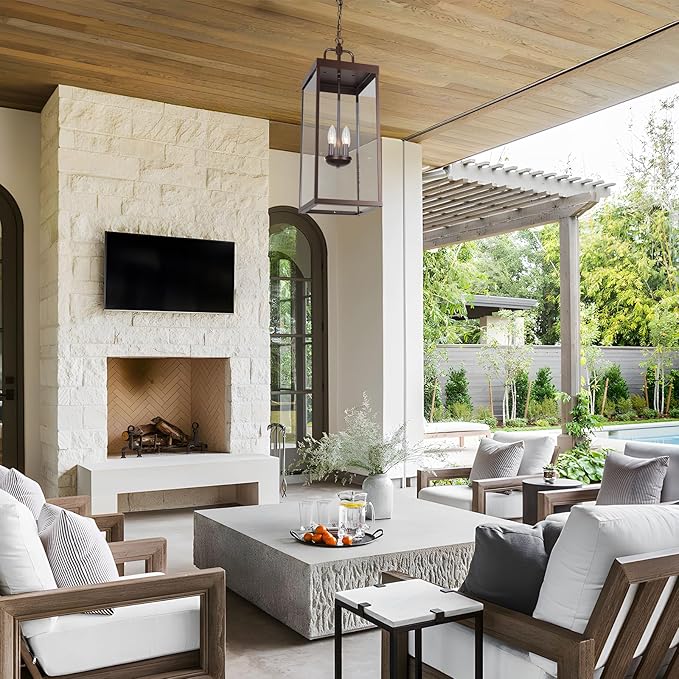 Large Outdoor Pendant Lantern Light Fixture for Front Porch, 28 Inch 4-Light Bronze Exterior Hanging Chandelier with Clear Glass, Outdoor Indoor Pendant Lamp for Patio, Gazebo, RZ008XL-H ORB