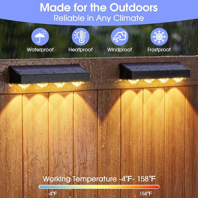 ShineTech Solar Fence Lights Outdoor Waterproof, 3-Color Lighting Modes LED Solar Powered Deck Lights, Outdoor Step Lights for Railing, Patio, Wall, Backyard (4 Packs)
