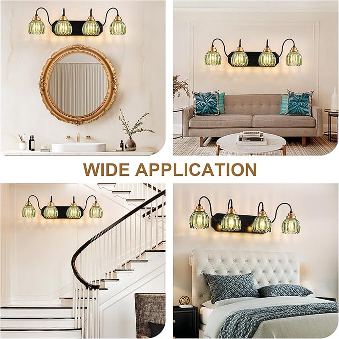 Vintage Bathroom Vanity Light, 4 Light Bathroom Lighting Fixtures Over Mirror, Mid Century Style Farmhouse Light Fixtures with Green Glass Shades, Black Finish Wall Mount for Bedroom , Living Room