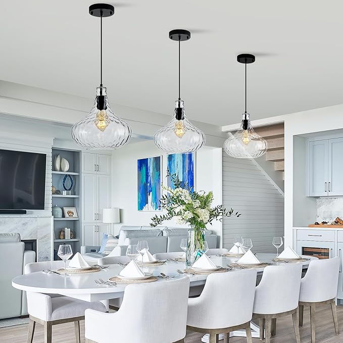 11 Inch Kitchen Island Pendant Light – Blown Glass Hammered Shade & Black Finish – Modern Hanging Ceiling Light for Dining Room, Sink, Hallway, Living Room – E26 Base