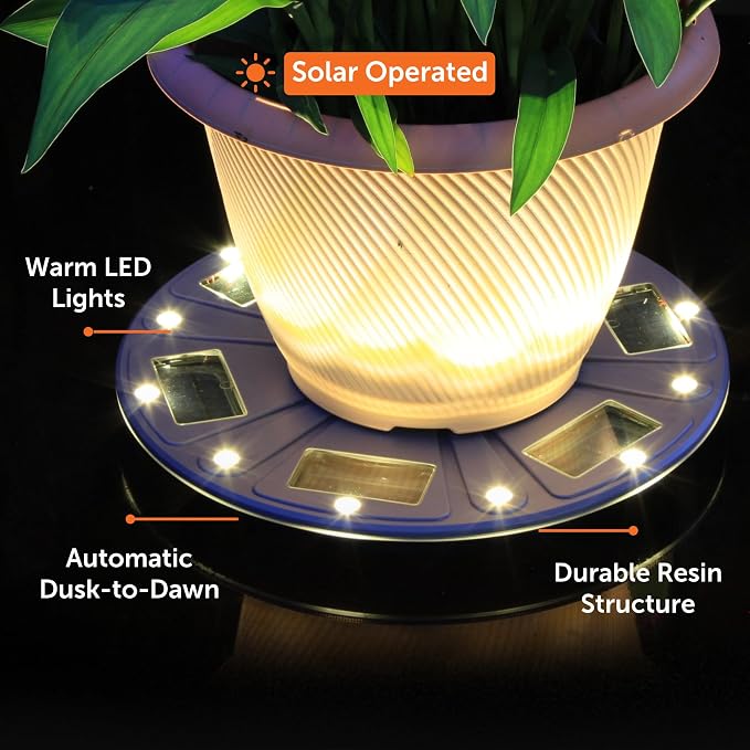 Gama Sonic 15" Illuminated Plant Stand for Outdoor, Solar Power, Grey Base for Exterior Potted Plants, Entryway, Pathway, Landscape Planter Lighting (78i50865)
