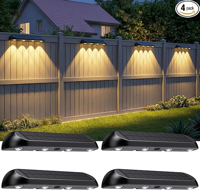11.81inch Solar Fence Lights Outdoor Waterproof, 3-Mode (3000K/4000K/6000K),4 LED with Upgraded High-Efficiency Solar Panel & Wide Beam for Backyard/Patio/Deck/Step/Home Improvement(4 Pack)