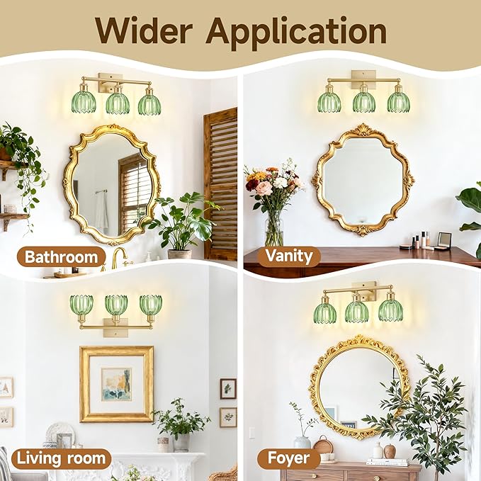 Bathroom Light Fixtures Over Mirror,3 Light Vintage Bathroom Vanity Lights,20 in Brushed Brass Antique Vanity Light with Green Tulip Glass Shade for Bedroom, Living Room, Foyer,E26 Base