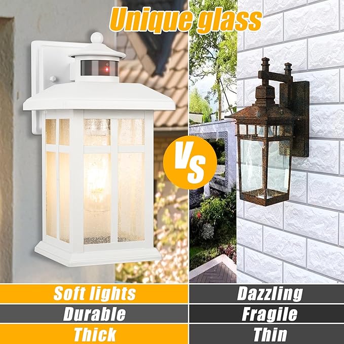 Brilvibera 2 Packs Motion Sensor Outdoor Lights, Outside Light Fixtures for House White, Porch Lights Outdoor 2- Pack with E26 Sockets & Tempered Glass, Waterproof Exterior Wall Lights Motion Sensor