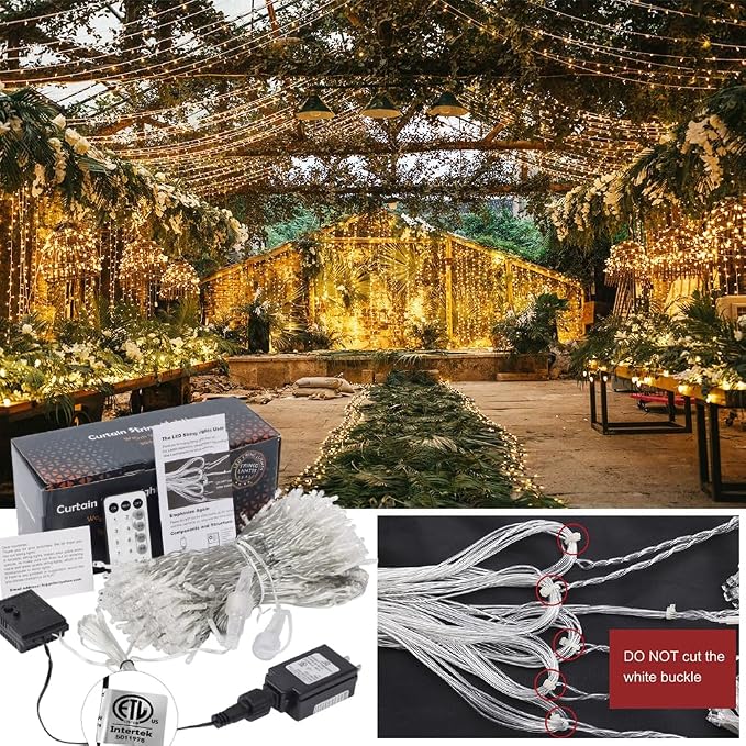 WATERGLIDE 300 LED Curtain Lights, Remote Control Christmas Hanging String Lights, 8 Lighting Modes, Plug in for Indoor Outdoor Holiday Ramadan Party Garden Backdrop Wedding Home Decor, Warm White