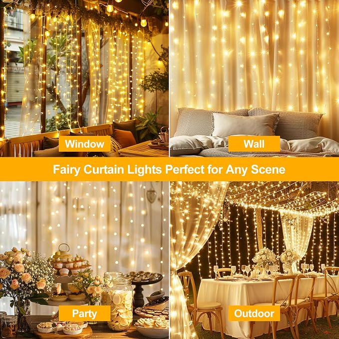300 LED Fairy Curtain Lights, 9.8 x 9.8FT Warm White USB Plug in 8 Modes Hanging Lights with Remote for Christmas, Bedroom, Indoor, Outdoor, Weddings, Party (Warm White)
