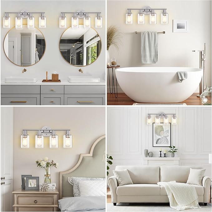 Pia Ricco Bathroom Vanity Light Fixtures, 4-Light Bathroom Wall Lights with Clear Glass Shades, Modern Wall Sconce Over Mirror, Bath Wall Sconces for Mirror Living Room Bedroom Hallway