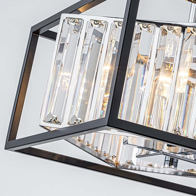 LumFurn 4-Light K9 Crystal Ceiling Light, 2-Tier Square Semi-Flushmount Light Fixture for Living Room, Foyer, Bedroom, L12 x W12 x H10inch, Clear Crystal & Black & Chrome Finish