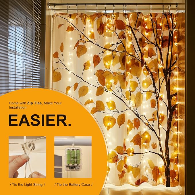 Fairy Lights for Shower Curtains, Waterproof String Lights for 72 x 72 Inches Shower Curtains Battery Operated Warm White Curtain Lights for Bathroom, 180 LEDs Indoor Outdoor Decor (NO CURTAIN)