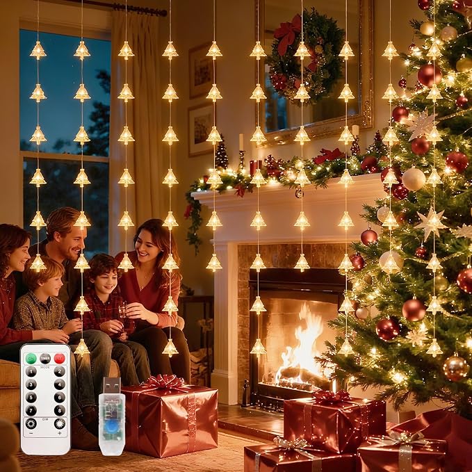 Christmas Tree Curtain Lights, Warm White Window Lights 70 LEDs Hanging Light with Remote Fairy Led Twinkle String Lights Home Bedroom Wall Ceiling Décor for Christmas, Wedding, Party
