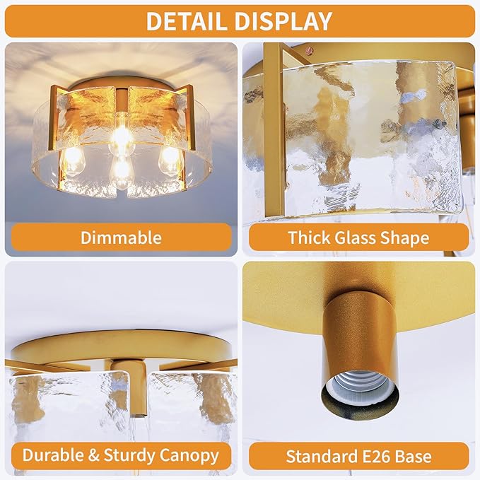 Modern 4-Light Gold Semi Flush Mount Ceiling Light, with Hammered Glass Shade, Round Hallway Lighting Fixtures for Kitchen Entryway,Bedroom,Dining Room,Living Room
