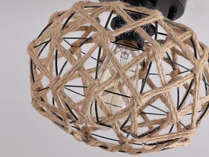 2 Pack Coastal Woven Flush Mount Ceiling Light Fixture Small Boho Rustic Hemp Rope Cage Semi Flush Mount Ceiling Light for Kitchen Hallway Farmhouse Entryway Beach, Black