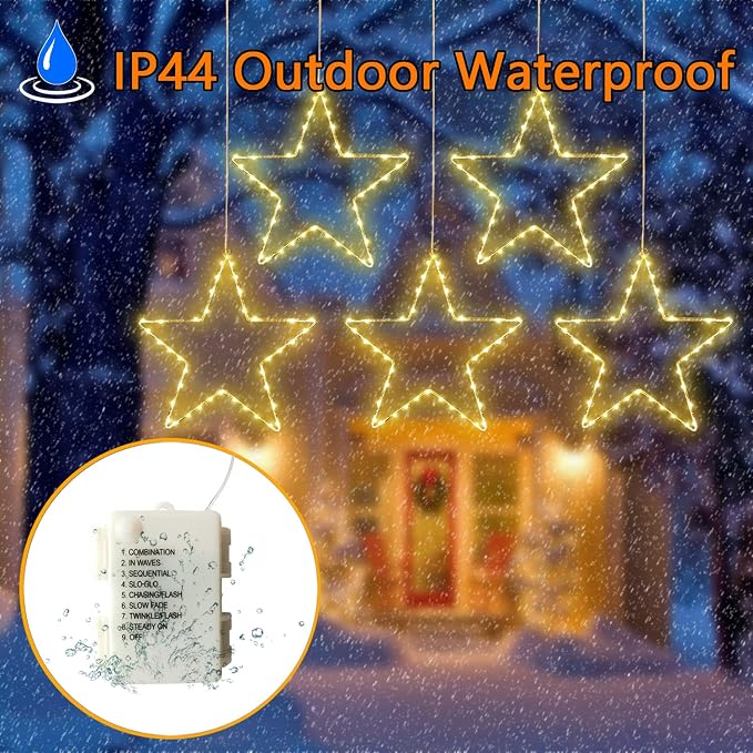 LED Christmas Window Star Decoration - 5 Pack 200 Hanging Star Lights Battery Operated 8 Modes with 5 Remote Controls for Indoor, Outdoor Christmas Window Decorations, Porch, Warm White