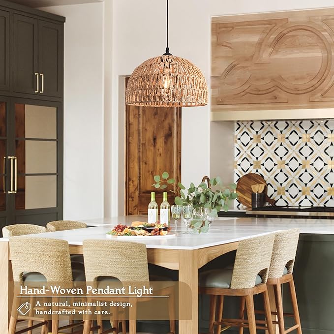 Brown Rattan Light Fixture 15ft Plug In Pendant Light Woven Pendant Light Boho Chandelier Wicker Pendant Light Boho Pendant Light Plug In for Dining Room Kitchen Island Bedroom(Bulb Incl.)