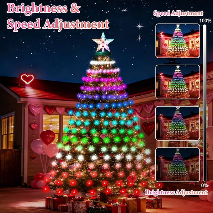 Smart Valentine's Day Lights with Star Topper, APP Control Music Sync Color Changing RGB Christmas String Lights, Cascading Twinkle Lights for Indoor Outdoor Xmas Tree Decorations